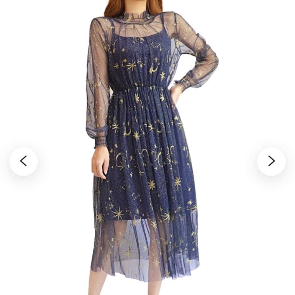 Sheer navy celestial midi dress with gold moon and stars, elastic waist and neck